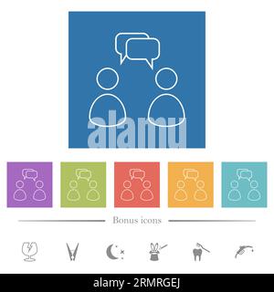 Deux personnes parlantes avec des bulles carrées arrondies délimitent des icônes blanches plates sur des fonds carrés. 6 icônes bonus incluses. Illustration de Vecteur