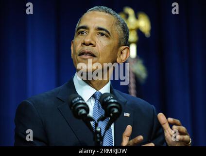 (140722)--WASHINGTON D.C., 22 juillet 2014 (Xinhua)-- le président américain Barack Obama prend la parole avant de signer le Workforce innovation and Opportunity Act à la Maison Blanche à Washington D.C., capitale des États-Unis, le 22 juillet 2014. Le président américain Barack Obama a signé H.R.803, le Workforce innovation and Opportunity Act, qui réautorise et réforme les programmes de perfectionnement de la main-d'œuvre de base administrés par les ministères de l'éducation et du travail et transfère du ministère de l'éducation au ministère de la Santé et des Services sociaux certaines fonctions du programme d'invalidité et de vie autonome, on T. Banque D'Images