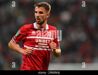 Bolton, Royaume-Uni. 29 août 2023. DaN Barlaser de Middlesbrough lors du match de la coupe Carabao au Reebok Stadium, Bolton. Le crédit photo devrait être : Gary Oakley/Sportimage crédit : Sportimage Ltd/Alamy Live News Banque D'Images