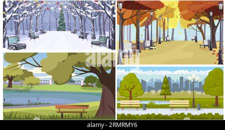 Parc de la ville en toutes saisons ensemble d'illustrations vectorielles plates Illustration de Vecteur
