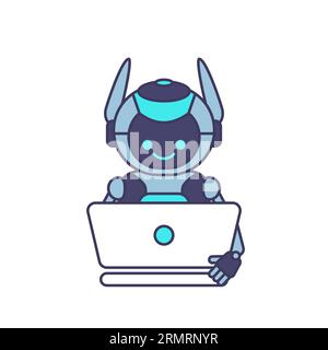 Personnage de robot travailler avec illustration vectorielle d'ordinateur portable. Illustration de robot de dessin animé mignon Illustration de Vecteur
