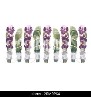 Un bouquet d'herbes séchées avec des fleurs violettes et roses, attaché avec une corde, pour le rituel de fumigation. Ensemble herboriste. illust ISOLEE a l'aquarelle dessinée a la main Banque D'Images