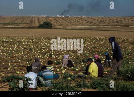 FRONTIÈRE DE GAZA, le 30 juillet 2014 -- des agriculteurs israéliens se reposent dans les champs dans le sud d'Israël près de la frontière avec Gaza tandis que la fumée monte dans le nord de la bande de Gaza, le 30 juillet 2014. Les Forces de défense israéliennes (FDI) ont reçu pour instruction de convoquer 16 000 soldats de réserve supplémentaires dans le cadre de l’opération en cours dans la bande de Gaza, portant le nombre total de soldats de réserve à 86 000, ont rapporté jeudi les médias israéliens. (djj) ISRAËL-GAZA-OPÉRATION-TROUPES DE RÉSERVE-INVOCATION DE LixRui PUBLICATIONxNOTxINxCHN frontière de Gaza juillet 30 2014 des agriculteurs israéliens reposent dans le champ dans le sud d'Israël près de la frontière avec Gaza tout en fumant RIS Banque D'Images