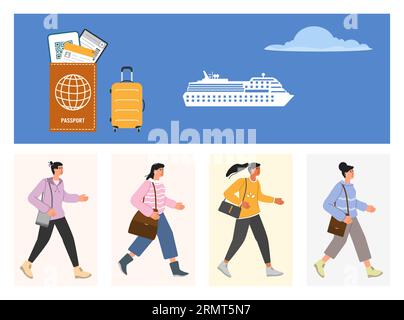Touristes croisière bateau vacances été croisière Mer Voyage concept. Homme Femme aventure Tourisme bagages Passeport transport concept. Nous Illustration de Vecteur