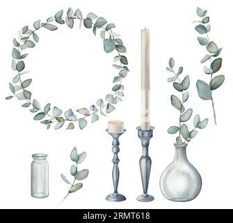 Set de bougies blanches pour Eucalyptus, bouquet dans un vase. Illustration de peinture à la main aquarelle sur fond blanc isolé. Clipart. Aromathérapie et r Banque D'Images