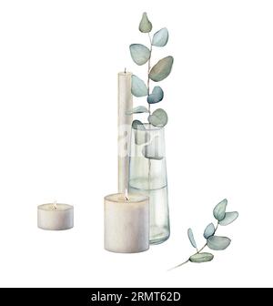 Set de bougies blanches pour Eucalyptus, bouquet dans un vase. Illustration de peinture à la main aquarelle sur fond blanc isolé. Clipart. Aromathérapie et r Banque D'Images