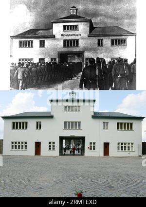 (140901) -- FRANCFORT (ALLEMAGNE), 1 septembre 2014 -- dans cette image combinée, celle du haut montre des prisonniers entrés dans la tour A du camp de concentration nazi de Sachsenhausen à Oranienburg, Allemagne (Date : avant 1945, Copyright : Stiftung Brandenburgische Gedenkst?tten). La photo du bas montre les visiteurs qui entrent dans la tour A de l'ancien camp de concentration nazi de Sachsenhausen à Oranienburg, en Allemagne, le 21 août 2014. Le camp de concentration nazi de Sachsenhausen a été construit à Oranienburg à environ 35 km au nord de Berlin en 1936 et a emprisonné environ 220 000 personnes entre 1936 et 1945. Le site desservait maintenant un Banque D'Images