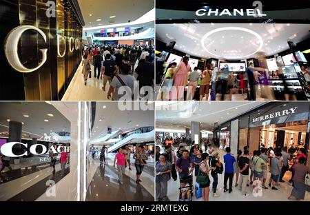 (140901) -- SANYA, 1 septembre 2014 -- une photo combinée prise le 1 septembre 2014 montre des gens faisant du shopping au centre commercial international de Sanya Haitang Bay à Sanya, dans la province de Hainan du sud de la Chine. Le centre commercial qui a ouvert ses portes lundi est le plus grand magasin duty free (DFS) au monde avec une zone d affaires de quelque 72 000 mètres carrés. Les achats hors taxes offshore dans les deux magasins DFS de Hainan en 2013, ont atteint 3,29 milliards de yuans (530,6 millions de dollars américains), en hausse de 40 % en glissement annuel. (wf) CHINA-HAINAN-DUTY FREE-MALL-OPENING (CN) GuoxCheng PUBLICATIONxNOTxINxCHN Sanya sept 1 2014 photo combinée prise LE 1 2014 septembre SH Banque D'Images