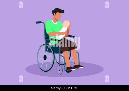 Design plat graphique dessinant les parents avec le bébé nouveau-né. Heureux mâle tenir bébé, assis en fauteuil roulant. Père handicapé tenant bébé dans ses bras. Fami Banque D'Images