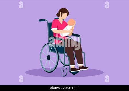 Design plat graphique dessinant les parents avec le bébé nouveau-né. Belle femme tenir bébé, assis en fauteuil roulant. Femme handicapée tenant bébé dans ses bras. Fami Banque D'Images