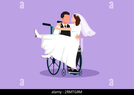 Cartoon flat style drawing disabled man carrying woman in wheelchair with dress. Happy couple at wedding celebration. Happy family. Positive man with Stock Photo