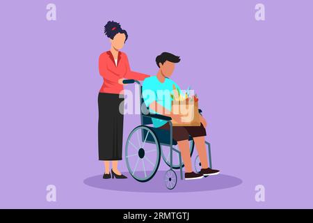 Dessin de style plat de dessin de dessin de dessin social aidant le vieil homme en fauteuil roulant avec des courses d'épicerie. Femme bénévole s'occupant et marchant avec une personne âgée handicapée Banque D'Images