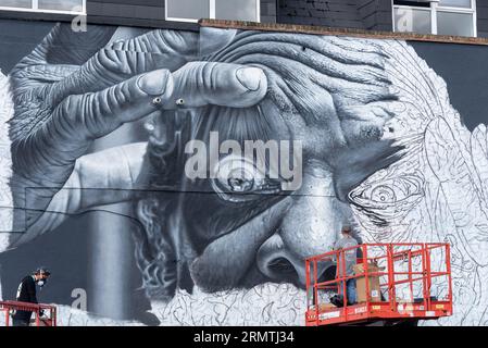 Southend on Sea, Essex, Royaume-Uni. 30 août 2023. Présenté comme le plus grand festival d'art de rue d'Europe, Southend continue de célébrer son nouveau statut de ville avec l'événement City Jam. Plus de 200 artistes de rue locaux, nationaux et internationaux exposent leurs compétences dans 100 endroits du centre-ville. Quelques murs temporaires ont été érigés, mais les artistes décorent également les côtés des bâtiments et autres structures permanentes. Devant se dérouler du premier au troisième septembre, les artistes ont commencé à travailler sur les plus grandes peintures murales afin d'être prêts pour l'événement. Artiste masculin travaillant sur une grande murale de visage Banque D'Images