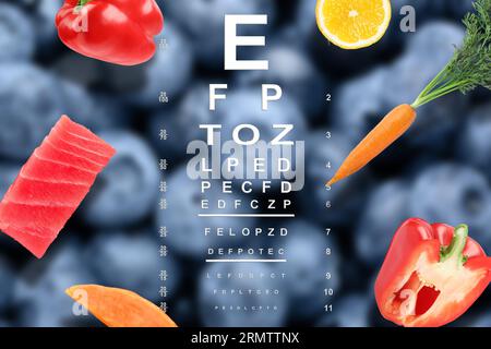 Améliorer la vue. Tableau de test de vision et différents produits alimentaires Banque D'Images