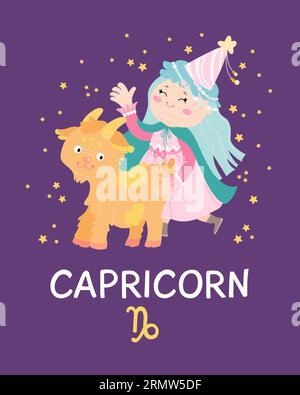 Mignon signe carte zodiaque style plat. Illustration vectorielle avec symbole astrologique Capricorne, signe du zodiaque. Symbole mystique. Illustration de Vecteur