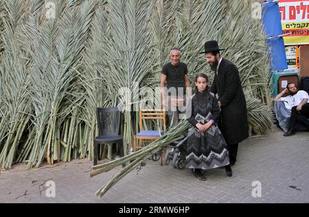 (141007) -- JÉRUSALEM, 7 octobre 2014 -- les Juifs ultra-orthodoxes achètent des branches de palmiers pour construire une Soukka, une cabine rituelle utilisée pendant la fête juive de Soukcot, dans un quartier religieux de Jérusalem le 7 octobre 2014. Les Juifs pratiquants construisent des structures temporaires pour le festival d'une semaine commémorant les 40 ans de voyage dans le désert après l'exode de l'esclavage en Égypte. Cette année, Sukkot commence jeudi. ) MOYEN-ORIENT-ISRAËL-SUKKOT-PRÉPARATION GilxCohenxMagen PUBLICATIONxNOTxINxCHN Jérusalem OCT 7 2014 Juifs ultra orthodoxes Acheter branches de palmier pour construire une Sukkah un rituel Booth nous Banque D'Images