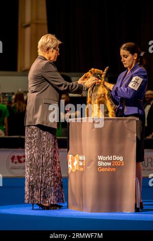 Genève, Canton de Genève, Suisse - 27 août, 2023 : chien de présentation du maître lors de l'exposition mondiale des chiens. Banque D'Images