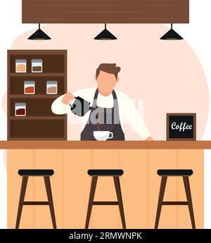 Lieu de café coloré avec un vecteur de caractère de barman Illustration de Vecteur