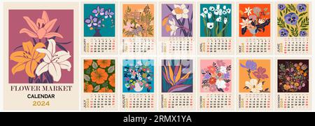Modèle de calendrier mensuel floral pour vecteur 2024. Illustration de Vecteur