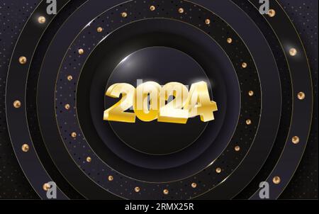 2024 Happy New Year élégant design - illustration vectorielle des numéros de logo dorés 2024 sur fond noir - typographie parfaite pour 2024 sauver la date l Illustration de Vecteur