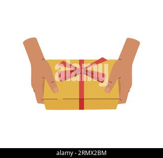 Mains féminines tenant le cadeau enveloppé avec ruban rouge. Boîte en carton cadeau surprise d'anniversaire dans un style plat Illustration de Vecteur