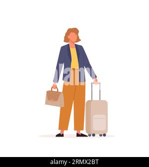 Femme ayant un voyage d'affaires avec valise. Personnage féminin debout avec lugagge et tenant une mallette Illustration de Vecteur