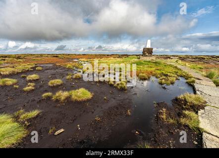 Pilier de triangulation (point trig) sur le sommet de la tourbière de couverture du Cheviot, 815m) Parc national Northumberland Banque D'Images