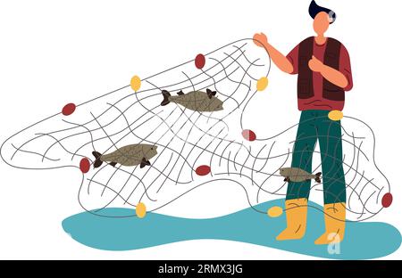 pêcheur avec des filets attrape fish.flat illustration vectorielle. Illustration de Vecteur