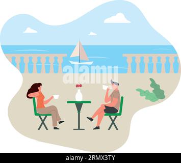 Café extérieur d'été. Restaurant ou café en plein air sur la rive de l'océan ou de la mer. Etablissement touristique pour vacances saisonnières ou REST.Flat vecteur i Illustration de Vecteur