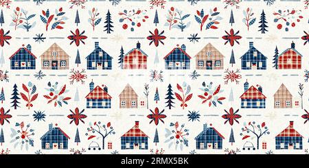 Chalet de noël rustique avec effet de tissu de couture à la main primitive. bordure. Garniture de ruban homespun chic et nostalgique douillet avec americana Banque D'Images