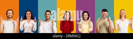 Multicultural men and women with closed eyes crossing fingers, collage Banque D'Images