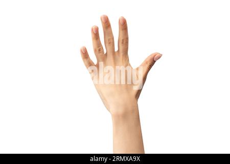 Femme isolée à la main sur fond blanc. Banque D'Images