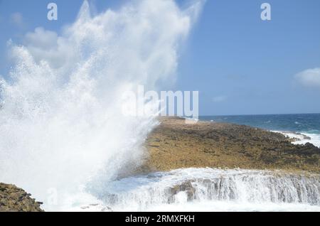 Grande vague sur la côte du parc national de 'Shete Boka', Curaçao Banque D'Images