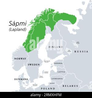 Sapmi, Laponie, carte politique grise. Région culturelle en Europe du Nord et de l'est, y compris les parties septentrionales de la Fennoscandia. Banque D'Images