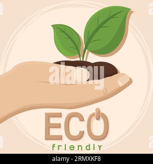Main tenant le sol avec des feuilles vertes Eco friendly Vector Illustration de Vecteur