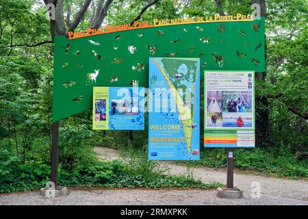 Welcome sign at Point Pelee National Park near Leamington Ontario.  The park is the most souytherly point in mainland Canada and popular nature reserv Stock Photo