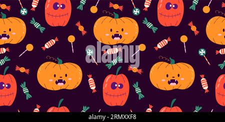 Mignon motif sans couture Halloween avec des citrouilles émotionnelles et des bonbons. Conception vectorielle colorée sur fond sombre. Illustration de Vecteur