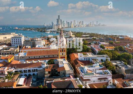 Walled old city of Cartagena de Indias on contrast with modern skyline of Bocagrande aerial view Stock Photo