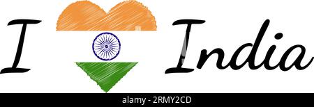 J'aime le pays Inde, texte avec coeur Doodle Illustration de Vecteur