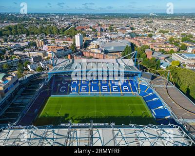 Chelsea, Londres. Royaume-Uni. 08/15/2023 image aérienne du Stamford Bridge Stadium. Chelsea football Club. 15 août 2023 Banque D'Images
