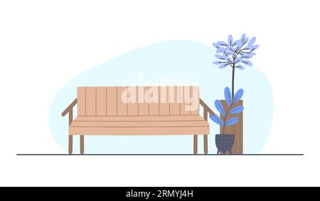 Banc extérieur plat de dessin animé isolé avec des pots de fleurs à côté. Illustration minimale simple pour arrière-plan. Illustration de Vecteur