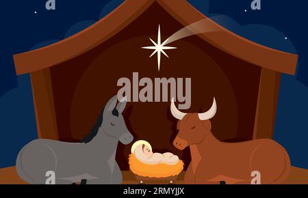 Mangeoire de Noël avec deux animaux et bébé jésus christ Character Vector Illustration de Vecteur