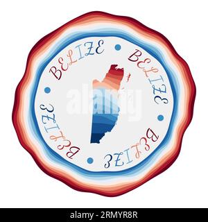 Badge Belize. Carte du pays avec de belles vagues géométriques et un cadre bleu rouge vibrant. Logo Belize rond vif. Illustration vectorielle. Illustration de Vecteur