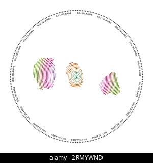 Logo rond Gili Islands. Forme de style numérique des îles Gili en cercle pointillé avec le nom de l'île. Icône technologique de l'île avec des points dégradés. Radieux Illustration de Vecteur