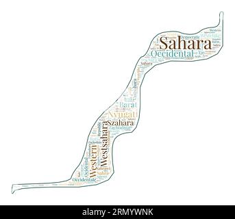 Forme du Sahara Occidental remplie de nom de pays dans de nombreuses langues. Carte du Sahara Occidental dans le style nuage de mots. Illustration vectorielle rayonnante. Illustration de Vecteur