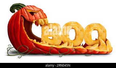 Halloween Boo Pumpkin Jack O Lantern comme un drôle de personnage orange effrayante avec du texte sculpté comme un message marketing avec une expression effrayante Banque D'Images