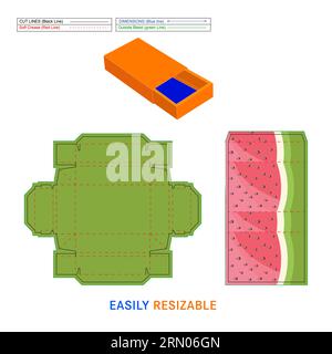 Fichier prêt à imprimer de conception d'emballage de boîte de chocolat de pastèque saveur, pochette de tiroir assortie au modèle de ligne de matrice de boîte et boîte 3D. Illustration de Vecteur
