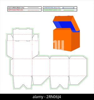 Boîte de couverture pliante supérieure, modèle de ligne de découpe de boîte de verrouillage inférieure à 6 coins encliquetables et modèle de conception d'emballage, découpe avec boîte de rendu vectoriel 3D facilement modifiable Illustration de Vecteur