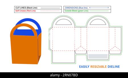 Boîte à provisions en papier avec poignée arrondie, ligne de découpe de boîte de style sac en papier et fichier vectoriel 3D. Illustration de Vecteur