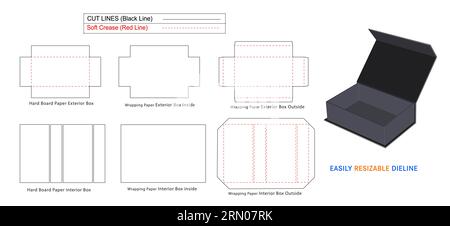 Boîte rigide de luxe, modèle de ligne de matrice de boîtes rigides magnétiques et boîte 3D. Illustration de Vecteur